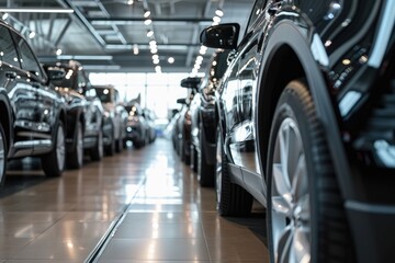 a row of new cars on display for sale at a car dealership