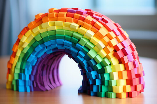 Close up photo of a 3D rainbow model made from small clay bricks