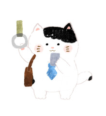 スマホを見ながら電車通勤するサラリーマンねこ　手描きイラスト