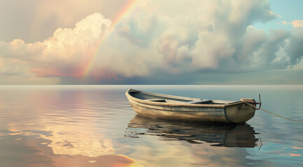 a small rowboat floating on sea water, under a rainbow and sky