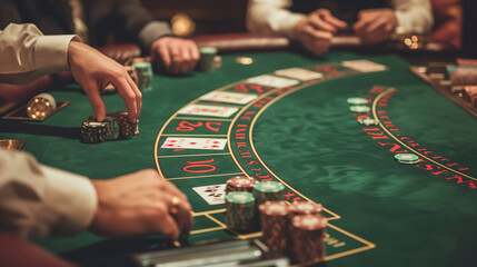 men are playing at blackjack in a casino - obrazy, fototapety, plakaty