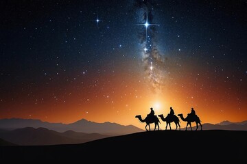 Silhouette of Three Wise Men Riding Camels Following Star Path - obrazy, fototapety, plakaty