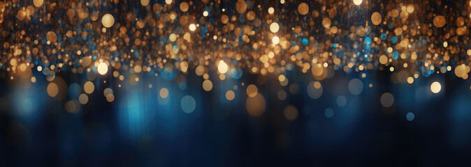 Abstract background with Dark navy blue and gold light dust particle. Christmas Golden light shine...