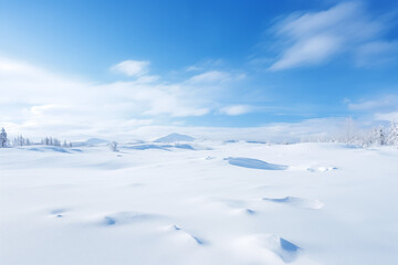 Winter background picture of blue sky, white clouds and blank snow