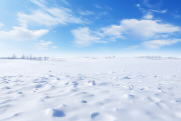 Obraz premium Winter background picture of blue sky, white clouds and blank snow