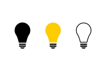 Lightbulb icon on light background. Idea symbol. Electric lamp, light, innovation, solution, creative thinking, electricity. Outline, flat and colored style. Flat design