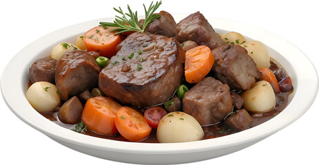 Image of a delicious-looking Boeuf Bourguignon, one of the most popular French dishes. 