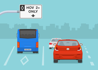 Traffic regulation rules. Bus on a HOV two plus only lane. Back view of a traffic flow on highway. Flat vector illustration template.