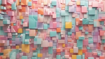 "Mesmerizing Dimensions: Abstract Bright Geometric Pastel Colors 3D Gloss Texture Wall Featuring Squares and Rectangles. A Panoramic Long Banner Illustration, a Textured Wallpaper Infused with Vibrant