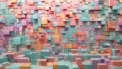 "Mesmerizing Dimensions: Abstract Bright Geometric Pastel Colors 3D Gloss Texture Wall Featuring Squares and Rectangles. A Panoramic Long Banner Illustration, a Textured Wallpaper Infused with Vibrant