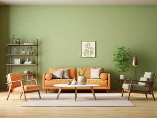A living room with green walls and furniture
