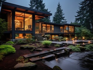 Fototapeta premium A house with a lot of windows and lights on it
