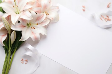 A bouquet of flowers sitting next to a piece of paper