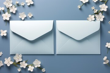 Two envelopes with white flowers on a blue background