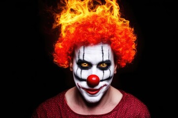 A scary photorealistic clown with fiery hair and a white, made-up face. An evil smile.