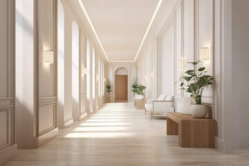 A long hallway with white walls and wooden floors