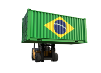 Forklift truck lifting container with Brazil flag on transparent background