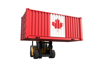 Forklift truck lifting container with Canada flag on transparent background