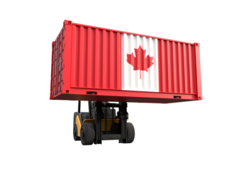 Forklift truck lifting container with Canada flag on transparent background