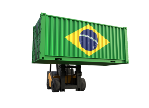 Forklift truck lifting container with Brazil flag on transparent background