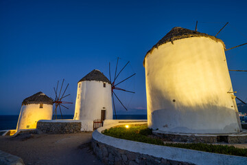 Famous Windmills of Mykonos island at dawn. Greece