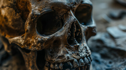 Detailed Close-Up of an Ancient Human Skull at an Archaeological Excavation Site, Capturing the Mystery and History of Early Civilizations