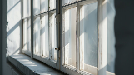 A Weathered Old White Window Gracing the Facade of a Historic Building, Bathed in Soft Sunlight, a Glimpse into the Past