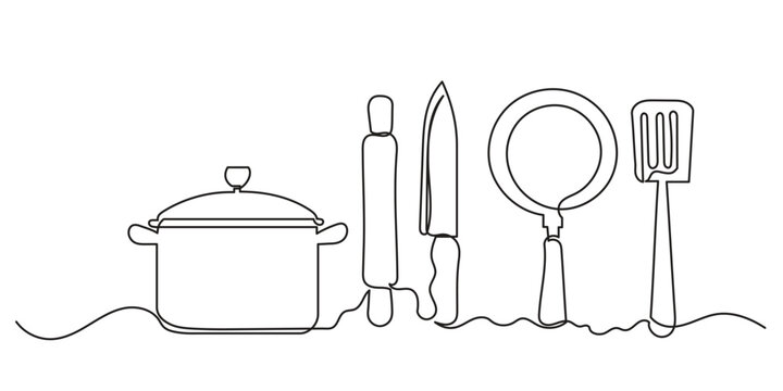 Kitchen utensils. continuous line drawing of kitchen tools, kitchen elements, kitchen equipment, and cooking tool illustration.Cutlery, teapot with cup, cooking utensil, and kitchen tools vector .