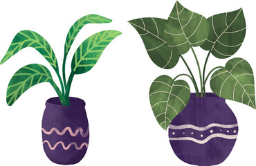Houseplant on pot watercolor illustration