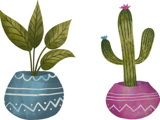 Houseplant on pot watercolor illustration