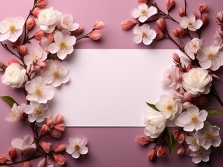 Naklejka na ściany i meble White blank greeting card on the pink background with flowers, love letter