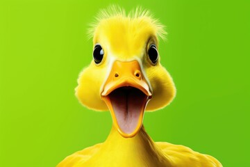 Excited yellow duckling with open beak, vivid green background