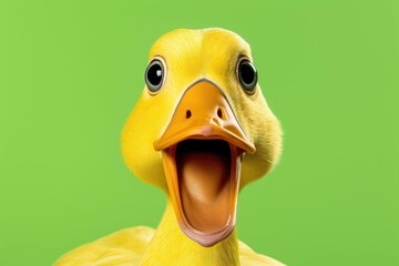 Vibrant yellow duckling with an open mouth and surprised look on a vivid green background