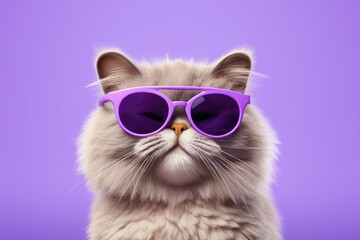 A smug-looking cat with oversized purple sunglasses on a purple backdrop