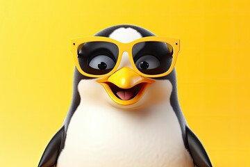 A cheerful penguin with large yellow sunglasses, yellow background - obrazy, fototapety, plakaty