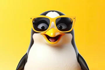 Fotobehang A cheerful penguin with large yellow sunglasses, yellow background © AdriFerrer