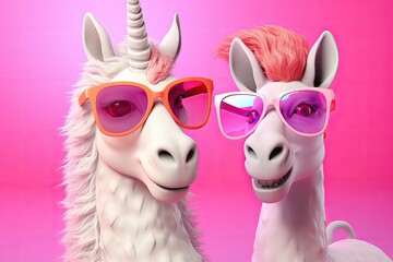 Fototapeta premium Trendy unicorn with sunglasses, one with a pink mohawk, on a pink background