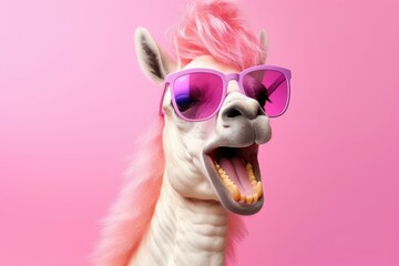 A white llama with a pink mohawk and purple sunglasses, pink background - obrazy, fototapety, plakaty