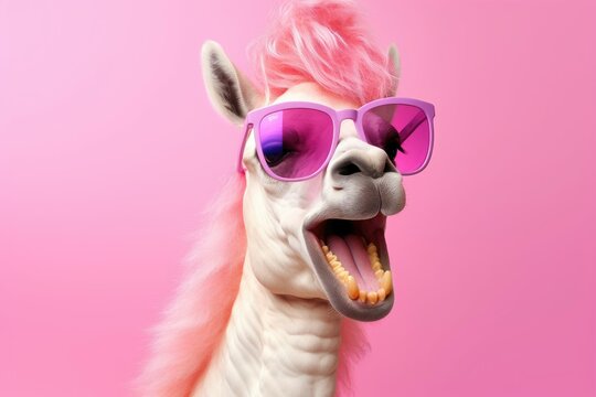 A white llama with a pink mohawk and purple sunglasses, pink background