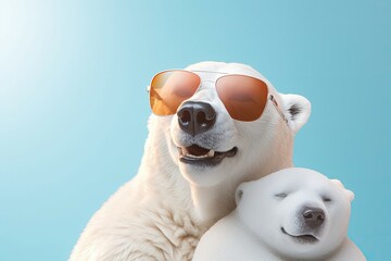 Content polar bear with cub, both wearing sunglasses, on blue