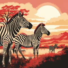 Fototapeta na wymiar Art life of zebra in nature, Art of life animal block print style Art