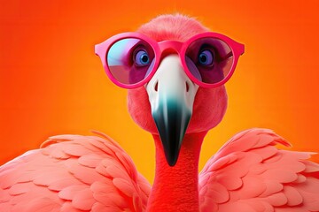Bold flamingo in pink sunglasses, orange backdrop