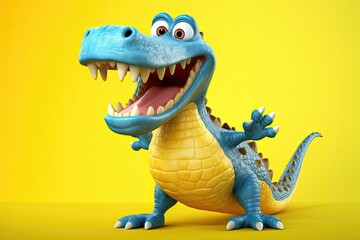 Blue crocodile standing with a wide smile on a yellow background