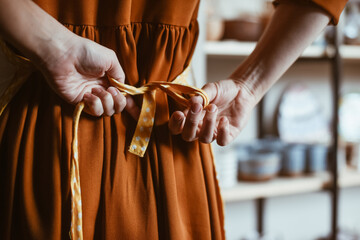 Potter woman getting ready for work by putting on apron in workshop Hands of woman close-up tying apron, back view. - obrazy, fototapety, plakaty