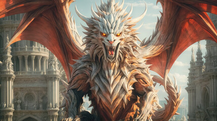 Fierce dragon looming over ancient city.