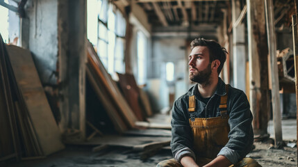 Contemplative man in a derelict building. - obrazy, fototapety, plakaty