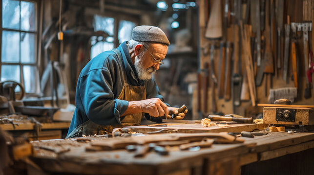 Elder craftsman carving wood.