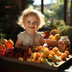 Fototapeta na wymiar Baby smiling and playing with fruits and vegetables