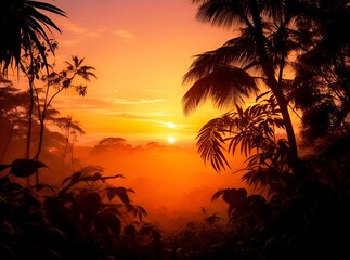 View of the sun setting through the tall trees of a forest at a beautiful sunset, lovely silhouette background