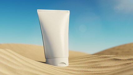 3D rendering mockup tube cream with no logo for sun protection on the sand in the desert location...